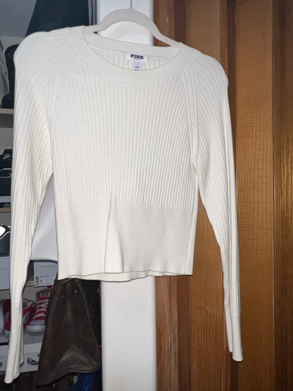 PINK Victoria's Secret Cream Ribbed Cropped Crewneck Sweater